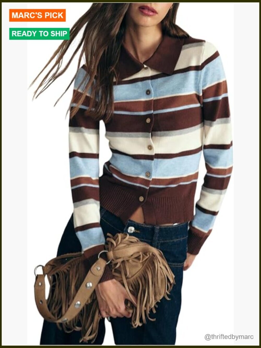 Collared Striped Cardigan Button Down Long Sleeve Cropped Sweater Preppy